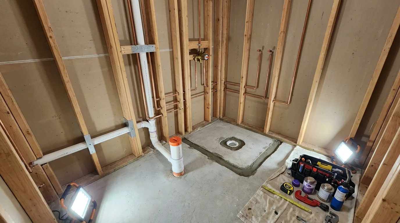 Bathroom rough-in plumbing during remodel by Johns Plumbing LLC in South Jordan