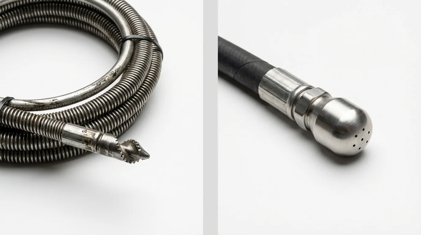 Drain snake cable and hydro jetting nozzle used for drain cleaning in South Jordan, UT