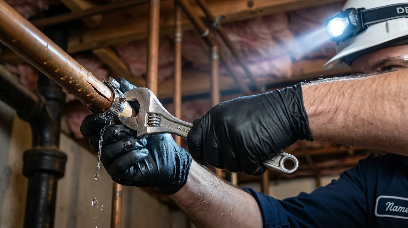 Emergency pipe clamp repair being performed by a Johns Plumbing LLC plumber in South Jordan