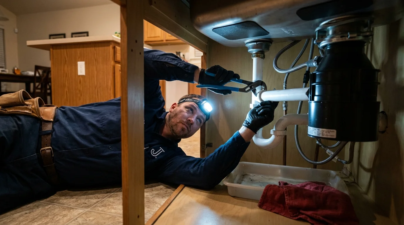 P-trap and supply line connections under a kitchen sink showing a common leak point in South Jordan, UT